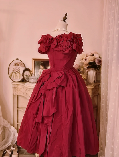 Vintage Court Red Bow Off-The-Shoulder Satin Ball Gown Evening Dresses