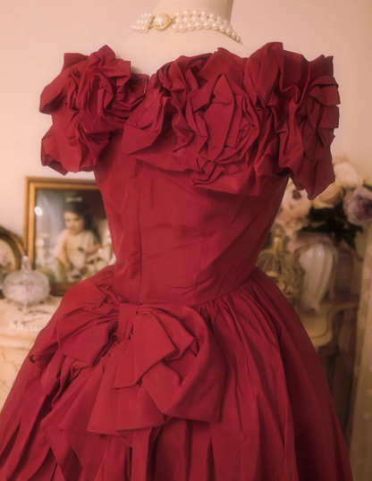 Vintage Court Red Bow Off-The-Shoulder Satin Ball Gown Evening Dresses