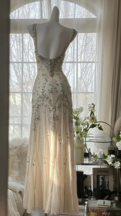 Vintage Prom Dresses, Light Champagne Long Sleeveless Prom Gown