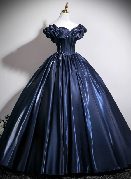 Vintage Navy Blue Off-The-Shoulder Satin Ball Gown Evening Dresses Sweet 16 Dresses