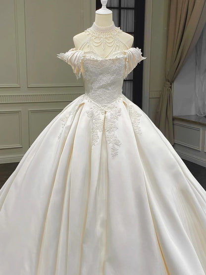 Vintage Palace Ivory Off-The-Shoulder Lace Embroidered Ball Gown Satin Wedding Dresses