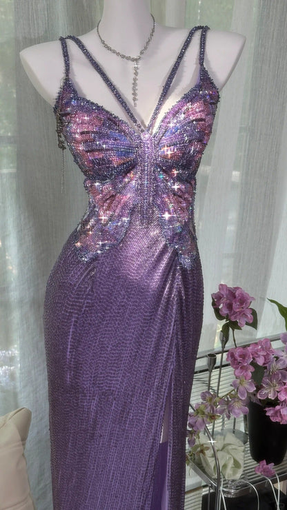 Vintage Purple Strap Chiffon Halter Back High Slit Beaded Prom Gowns Prom Dresses