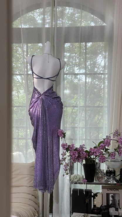 Vintage Purple Strap Chiffon Halter Back High Slit Beaded Prom Gowns Prom Dresses