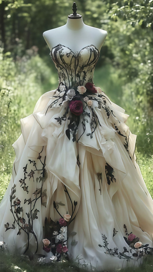 Vintage Sweetheart Floral Prom Dresses, Ivory Ruffle Ball Gowns