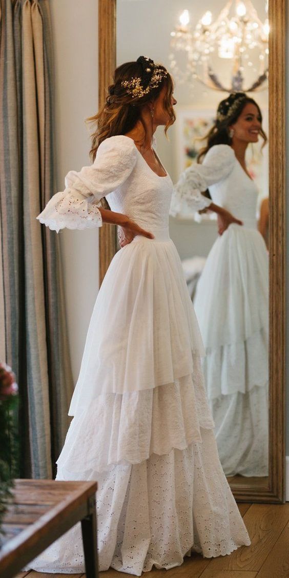 Vintage White Lace Wedding Gowns, Ruffle Bridal Dresses