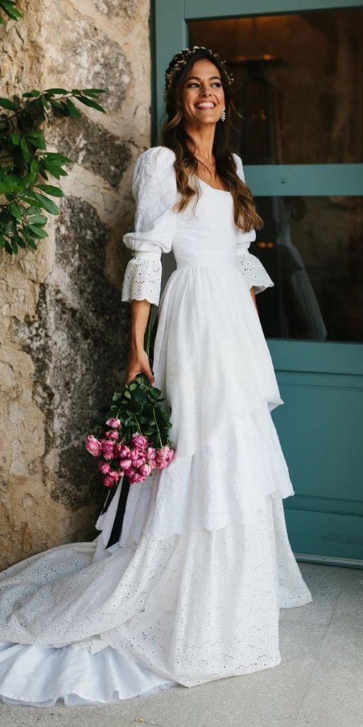 Vintage White Lace Wedding Gowns, Ruffle Bridal Dresses