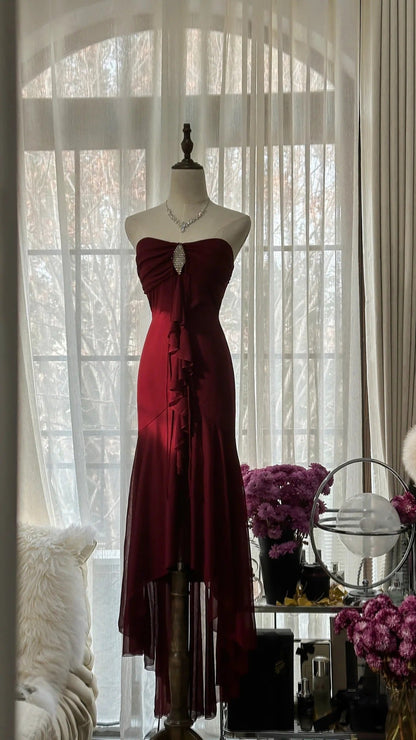 Burgundy Elegant Exquisite Rhinestone Long Chiffon Ball Gown Evening Gown Party Gown Birthday Gown Date Gown gh4164