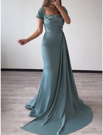 Sheath / Column Evening Gown Elegant Dress Formal Court Train Short Sleeve Square Neck Satin with Pleats Ruched Crystals