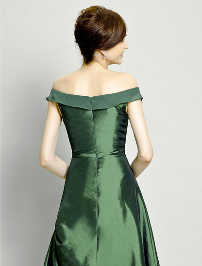 A-Line Mother of the Bride Dress Elegant High Low Off Shoulder Asymmetrical Chiffon Taffeta Short Sleeve with Pick Up Skirt Bow(s) Beading