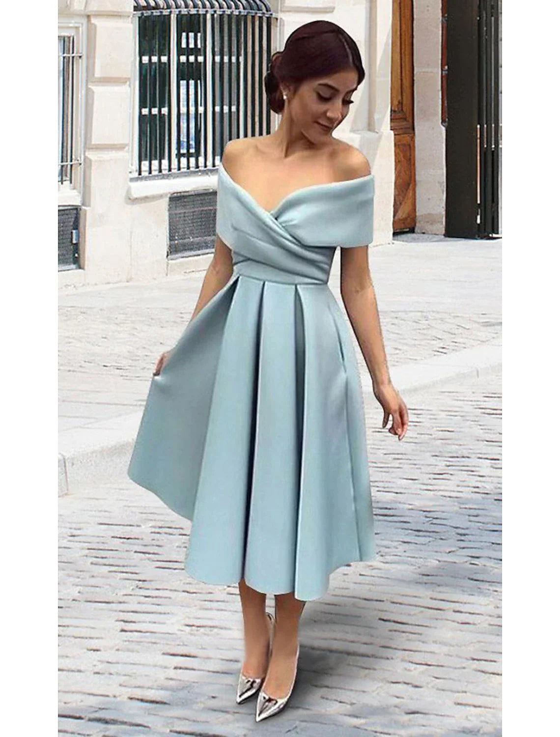 A-Line Cocktail Dresses 1950s Dress Wedding Guest Homecoming Tea Length Short Sleeve V Neck Fabric V Back with Pleats
