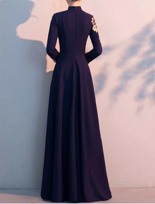 A-Line Mother of the Bride Dress Elegant Simple High Neck Floor Length Fabric Long Sleeve with Pleats Appliques