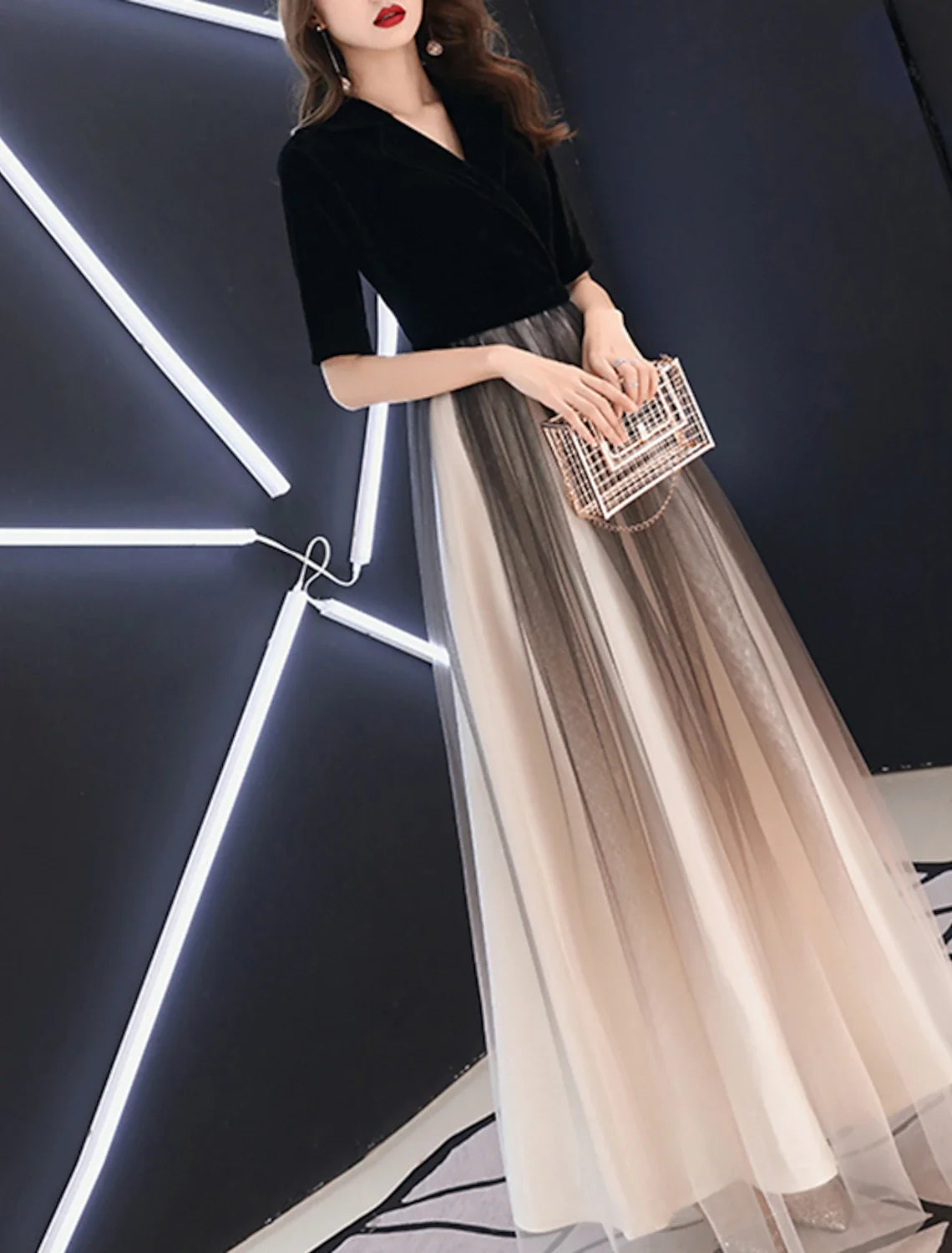 A-Line Minimalist Gradient Engagement Formal Evening Dress V Neck Half Sleeve Floor Length Tulle with Sleek