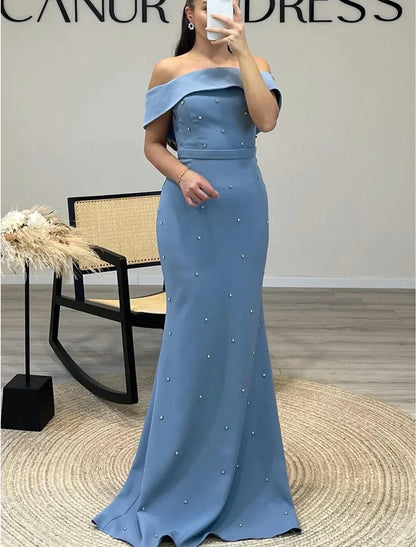 Mermaid / Trumpet Evening Gown Elegant Dress Formal Wedding Guest Floor Length Short Sleeve Off Shoulder Crepe with Beading