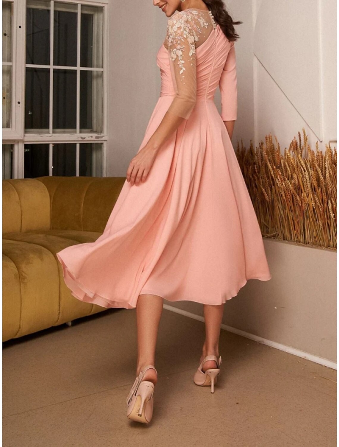 A-Line Evening Gown Elegant Dress Birthday Tea Length 3/4 Length Sleeve Illusion Neck Chiffon with Pleats Slit Appliques