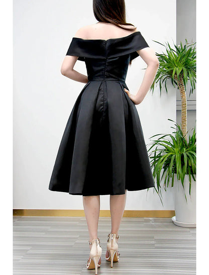 A-Line Cocktail Dresses 1950s Dress Wedding Guest Homecoming Tea Length Short Sleeve V Neck Fabric V Back with Pleats