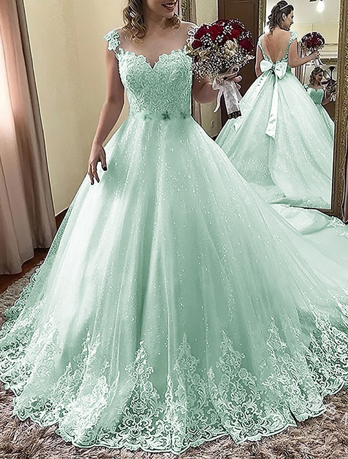Engagement Formal Wedding Dresses Ball Gown Illusion Neck Cap Sleeve Court Train Lace Bridal Gowns With Bow(s) Appliques