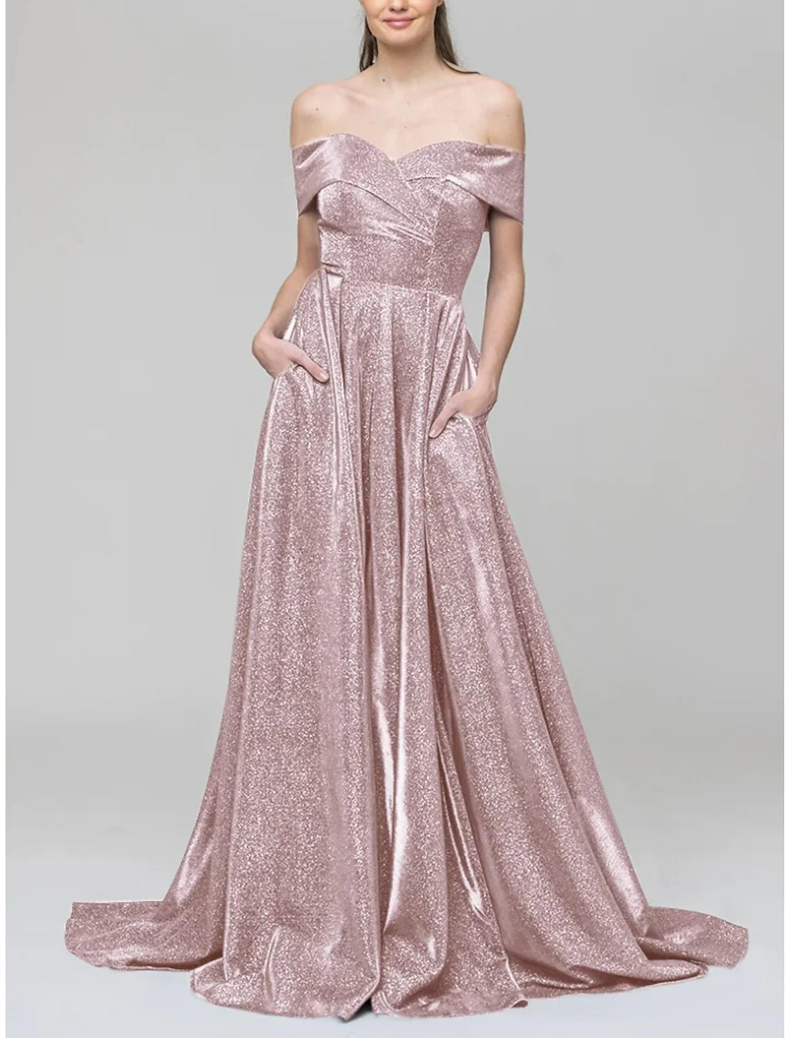 A-Line Evening Gown Sparkle & Shine Dress Formal Court Train Short Sleeve Off Shoulder Sequined with Glitter Pleats 2026