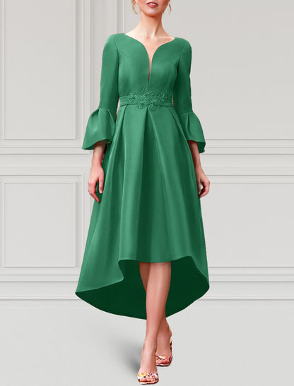 A-Line Cocktail Dresses Elegant Dress Formal Wedding Guest Asymmetrical 3/4 Length Sleeve V Neck Satin with Pleats 2026