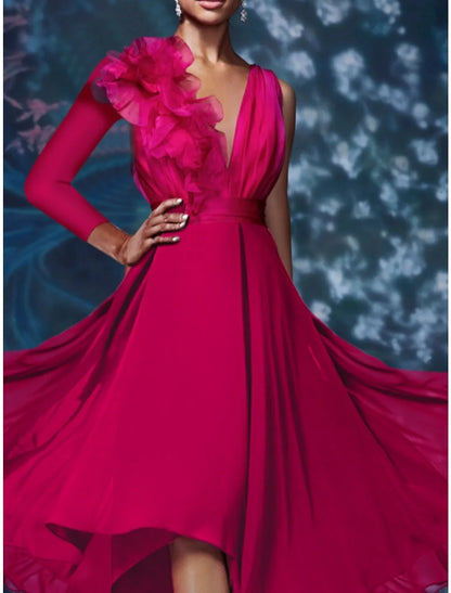 Sheath / Column Cocktail Dresses Floral Dress Wedding Guest Wedding Party Asymmetrical Long Sleeve V Neck Chiffon with Pleats 2026