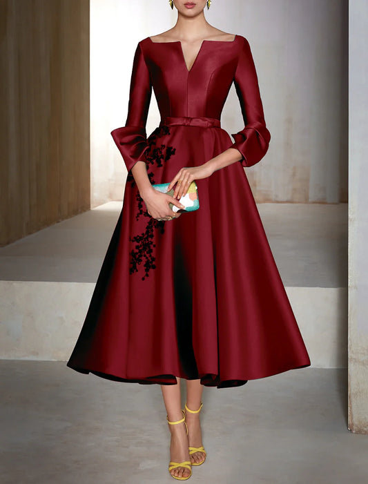A-Line Cocktail Dresses Christmas Red Green Dress Wedding Guest Tea Length 3/4 Length Sleeve V Neck Satin with Bow(s) Appliques 2026