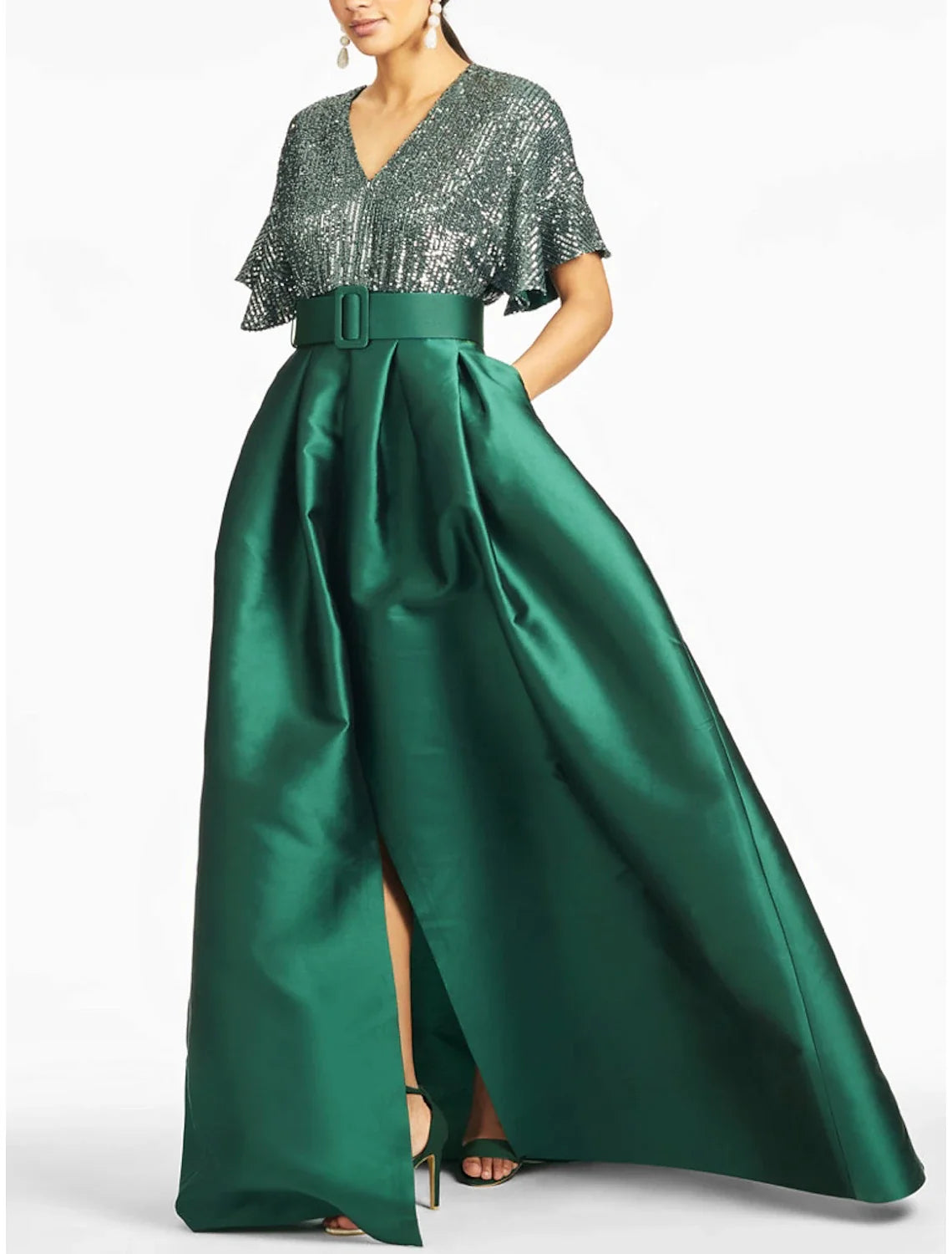 A-Line Evening Gown Sparkle & Shine Dress Formal Wedding Guest Ankle Length Half Sleeve V Neck Satin with Glitter Pleats 2026