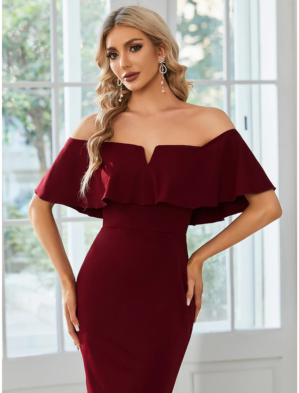 Sheath / Column Wedding Guest Dresses Minimalist Dress Party Wear Wedding Party Tea Length Short Sleeve Off Shoulder Bridesmaid Dress Fabric with Slit Pure Color
