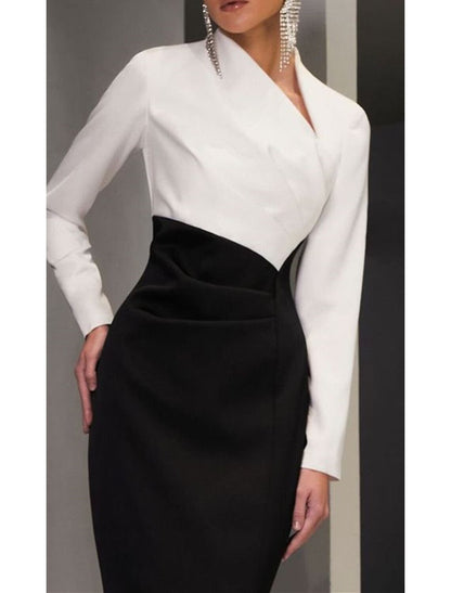 Sheath / Column Evening Gown Elegant Dress Formal Wedding Guest Floor Length Long Sleeve V Neck Black Dress Fabric with Slit