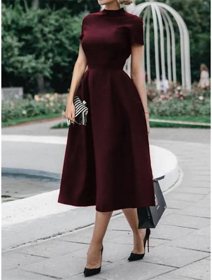 A-Line Wedding Guest Dresses Minimalist Dress Party Dress Wedding Party Tea Length Short Sleeve High Neck Satin with Pleats Pure Color