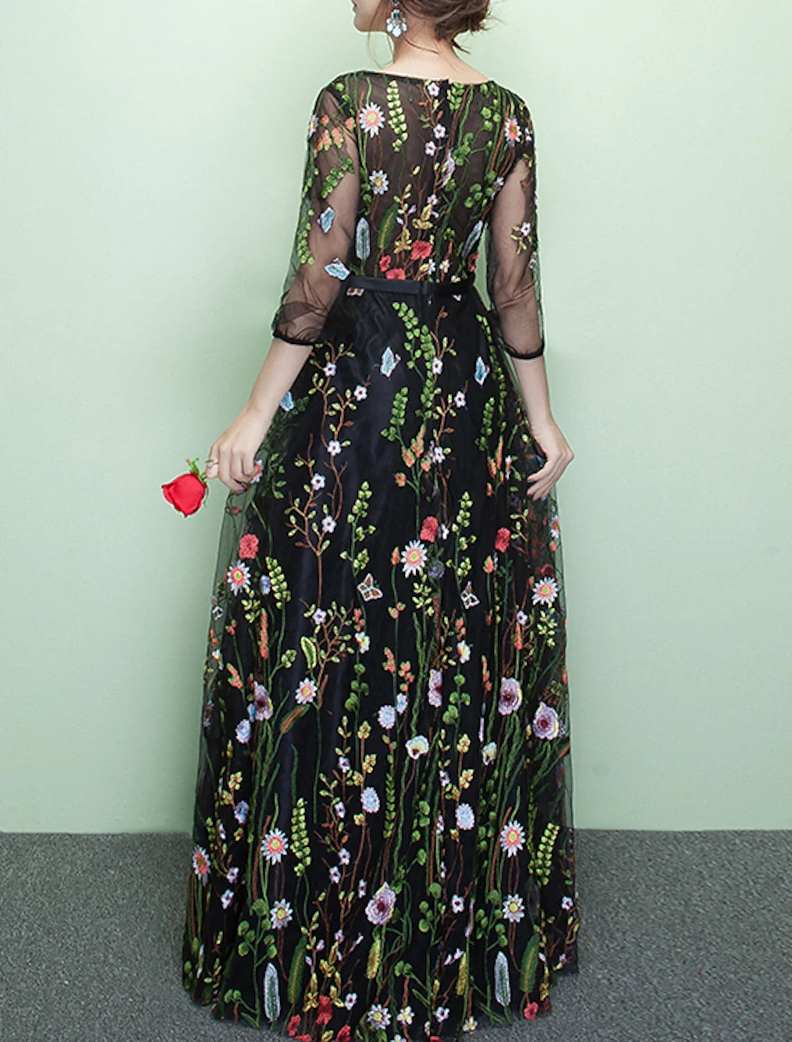A-Line Prom Dresses Floral Dress Party Wear Wedding Guest Floor Length 3/4 Length Sleeve Jewel Neck Lace with Embroidery