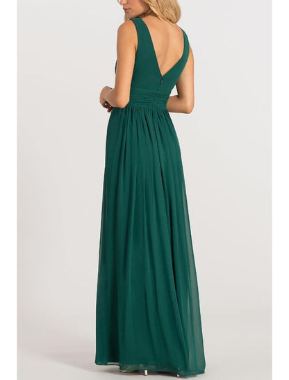 A-Line Elegant Formal Evening Dress V Neck V Back Sleeveless Floor Length Chiffon with Pleats Split Front