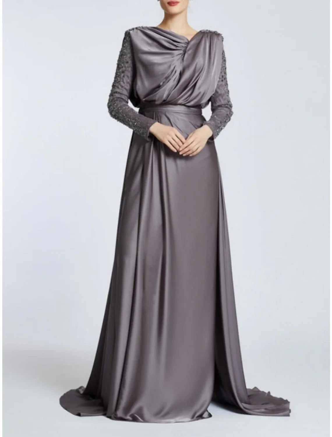 A-Line Evening Gown Black Dress Plus Size Elegant Dress Formal Sweep / Brush Train Long Sleeve Jewel Neck Satin with Pleats Sequin