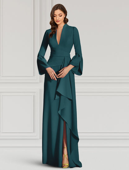 heath Evening Gown Elegant Black Dress Formal Cocktail Party Dress Floor Length Long Sleeve V Neck Fall Wedding Guest Fabric with Ruffles