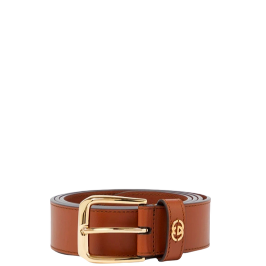 GUCCI BROWN BELT WITH SQUARE BUCKLE AND INTERLOCKING G GOLD MEATL 35MM