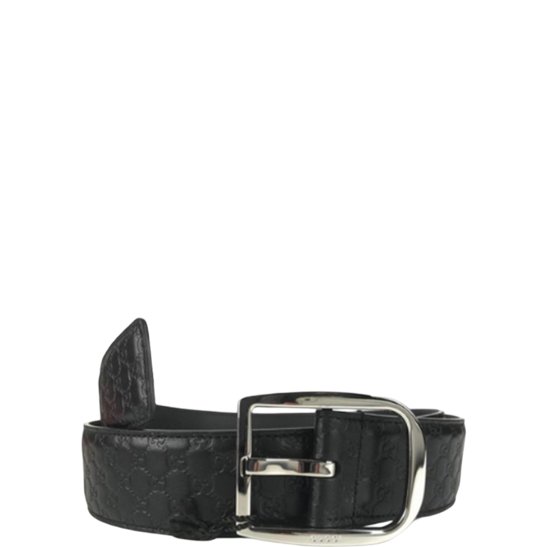 GUCCI CALFSKIN MONOGRAM BLACK BELT SILVER METAL 4CM