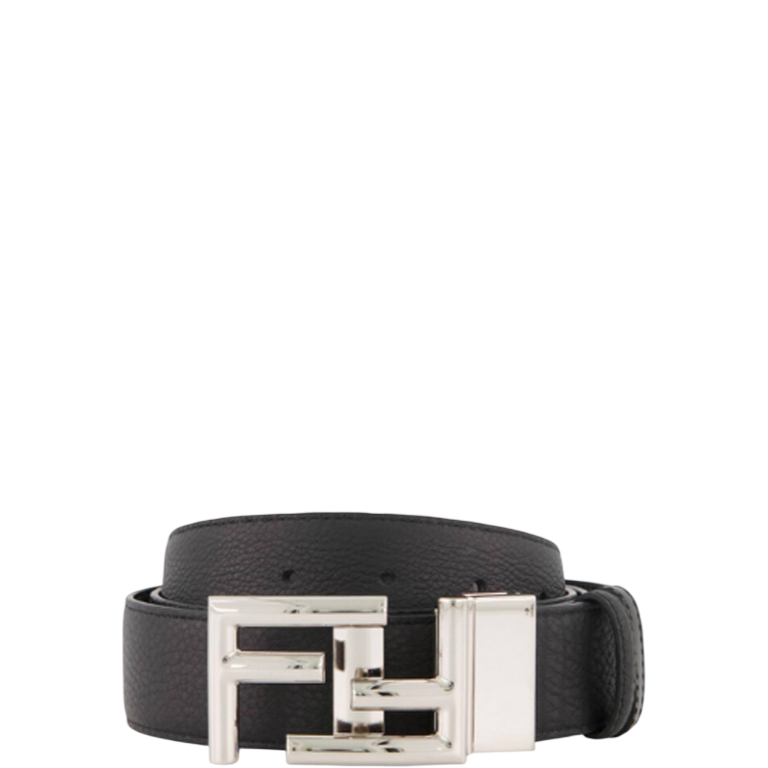 FENDI’S BLACK LEATHER BELT WITH FENDI SILOUIS VUITTONER BUCKLE 40MM