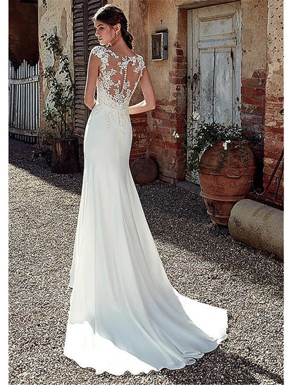 Beach Open Back Wedding Dresses Mermaid / Trumpet Illusion Neck Cap Sleeve Court Train Chiffon Outdoor Bridal Gowns With Appliques Summer Fall Wedding Party Women‘s Clothing