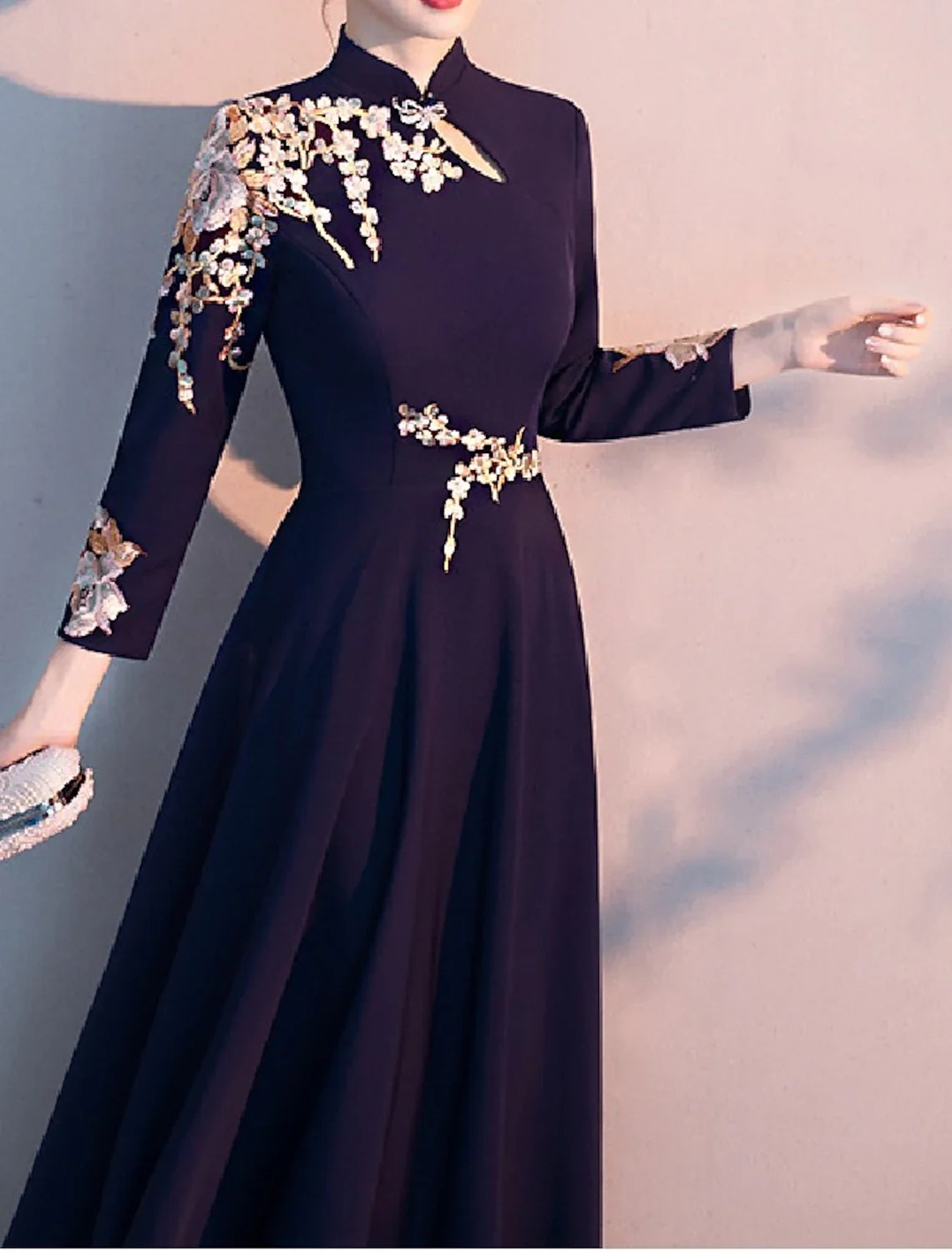 A-Line Mother of the Bride Dress Elegant Simple High Neck Floor Length Fabric Long Sleeve with Pleats Appliques