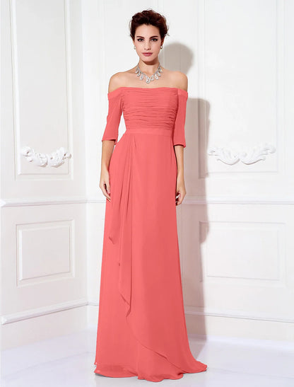Sheath / Column Minimalist Dress Wedding Guest Formal Evening Sweep / Brush Train Half Sleeve Off Shoulder Bridesmaid Dress Chiffon with Ruched Draping 2025