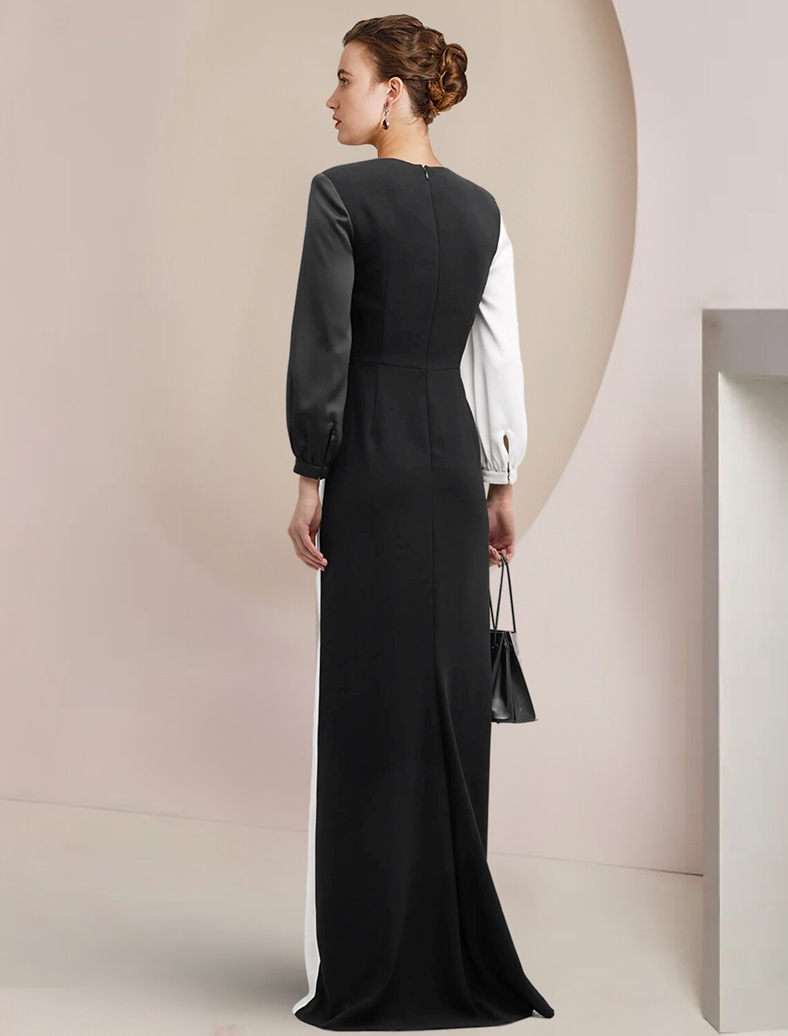 Sheath / Column Mother of the Bride Dress Formal Wedding Guest Party Elegant V Neck Floor Length Satin 3/4 Length Sleeve with Color Block