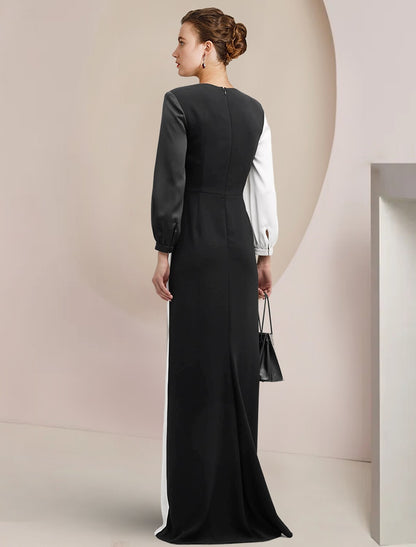 Sheath / Column Mother of the Bride Dress Formal Wedding Guest Party Elegant V Neck Floor Length Satin 3/4 Length Sleeve with Color Block