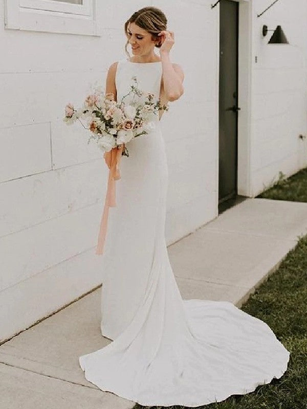 Sheath/Column Crepe Ruched Jewel Sleeveless Sweep/Brush Train Wedding Dresses