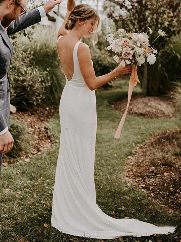 Sheath/Column Crepe Ruched Jewel Sleeveless Sweep/Brush Train Wedding Dresses