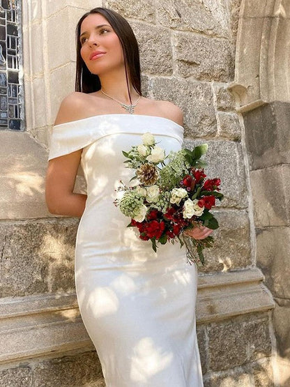 Sheath/Column Crepe Ruffles Off-the-Shoulder Sleeveless Floor-Length Wedding Dresses
