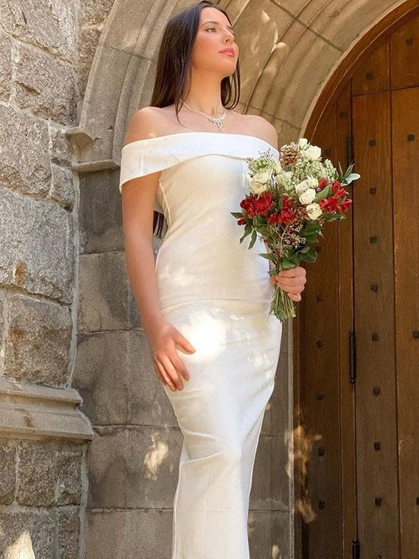 Sheath/Column Crepe Ruffles Off-the-Shoulder Sleeveless Floor-Length Wedding Dresses