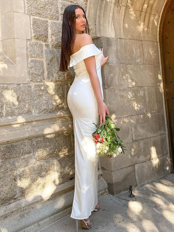 Sheath/Column Crepe Ruffles Off-the-Shoulder Sleeveless Floor-Length Wedding Dresses