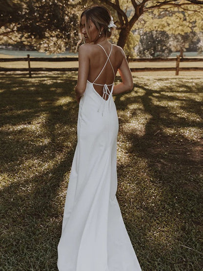 Sheath/Column Crepe Ruffles V-neck Sleeveless Sweep/Brush Train Wedding Dresses
