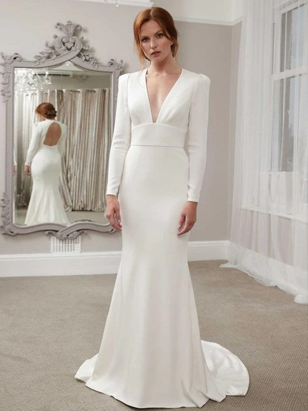 Sheath/Column Crepe Ruffles V-neck Long Sleeves Sweep/Brush Train Wedding Dresses