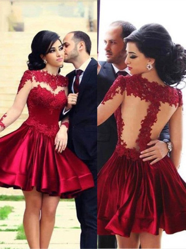 A-Line/Princess High Neck Long Sleeves Satin Short/Mini Dresses