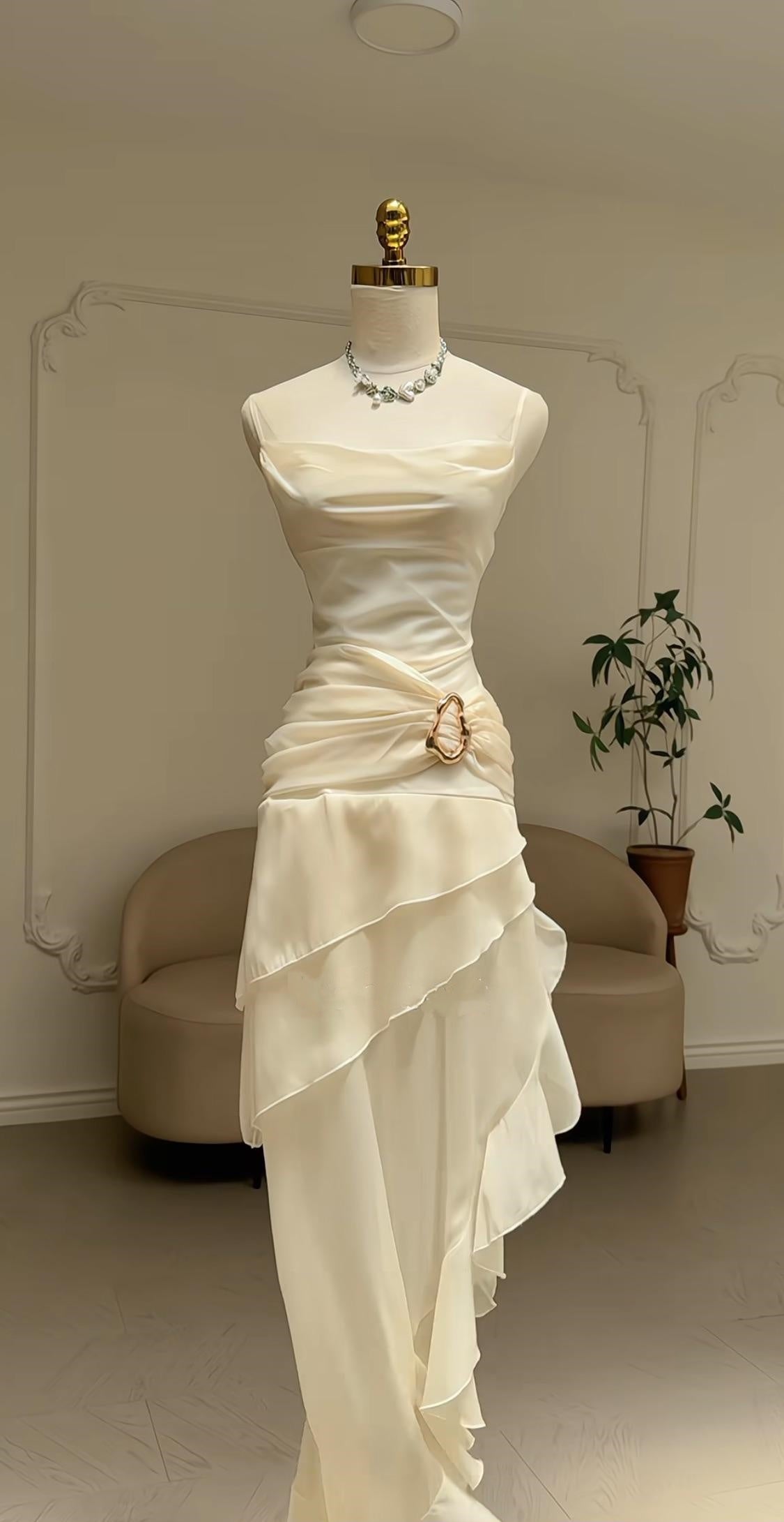 Ivory White Vintage Spaghetti Strap Long Chiffon prom dress Evening Dress Party Dress gh3374