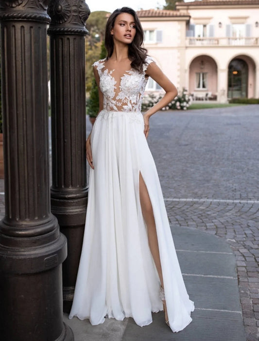 Beach Open Back Wedding Dresses A-Line Illusion Neck Cap Sleeve Sweep / Brush Train Chiffon Bridal Gowns With Appliques Split Front Summer Wedding Party, Women's Clothing